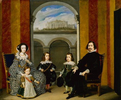 Francesco Tapia, Count of Vasto, with his Family seated in an interior of the Palazzo Tapia with a View of the Castello di Sant Elmo by Wolfgang Heimbach